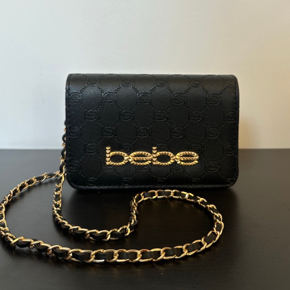New Bebe Black and Gold Logo Crossbody Bag